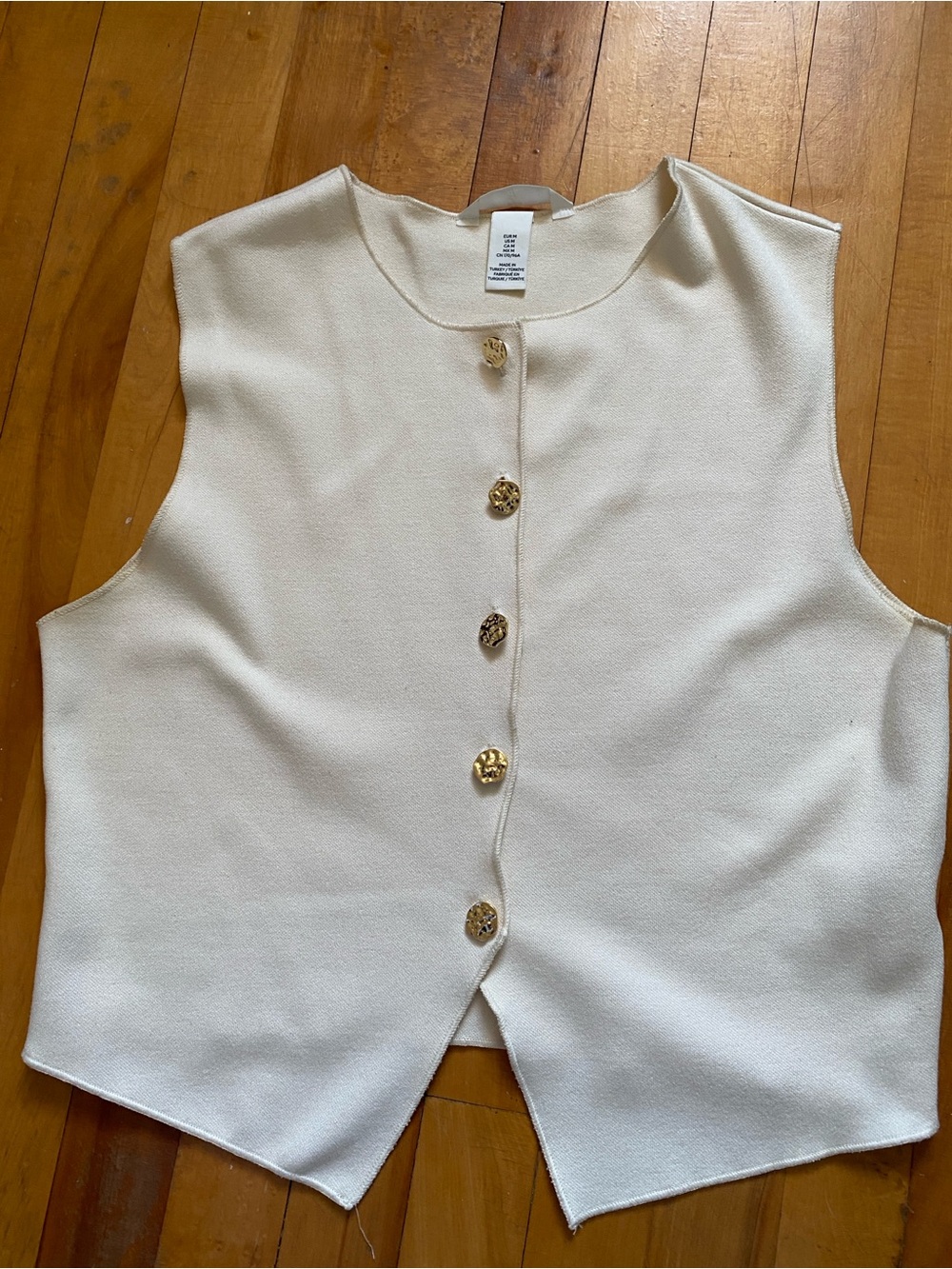 Cream Sleeveless Vest Top Gold Textured Buttons